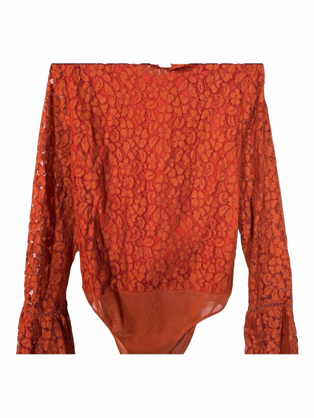 Endless Rose NWT Women’s Rust Orange Lace Long Bell Sleeve Bodysuit Size Large. - Picture 9 of 16